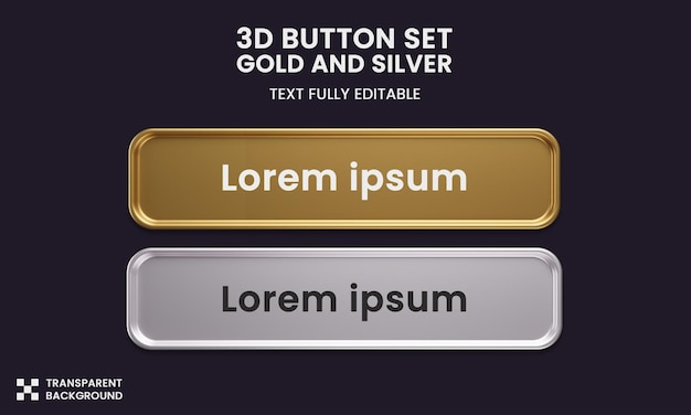 PSD button set color gold and silver style in 3d rendering