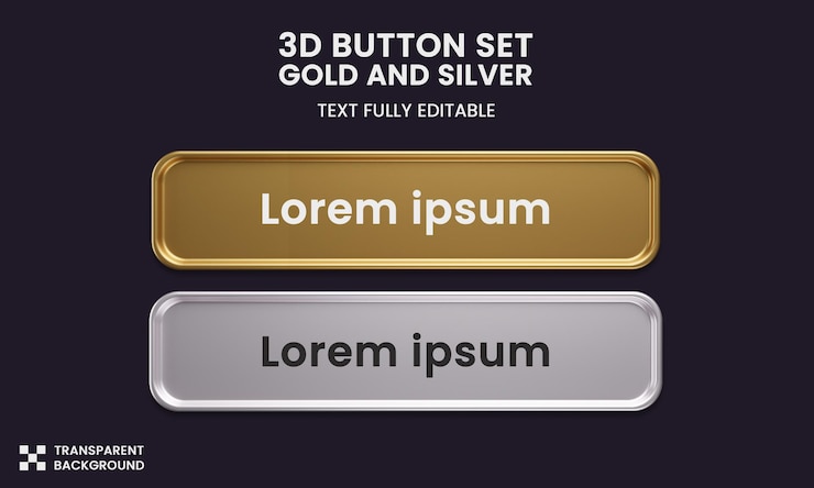 PSD button set color gold and silver style in 3d rendering