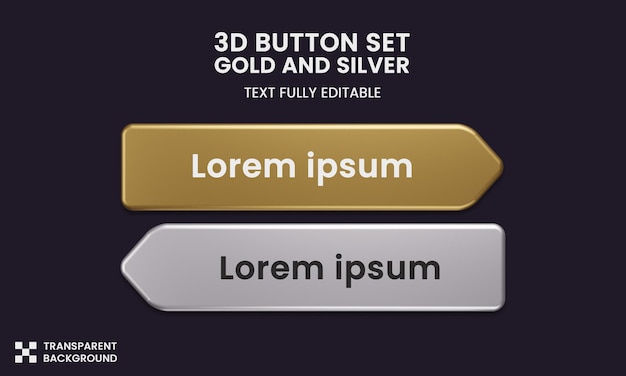 PSD button set color gold and silver style in 3d rendering