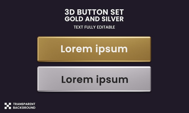 PSD button set color gold and silver style in 3d rendering