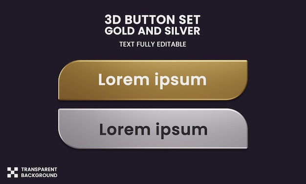 PSD button set color gold and silver style in 3d rendering