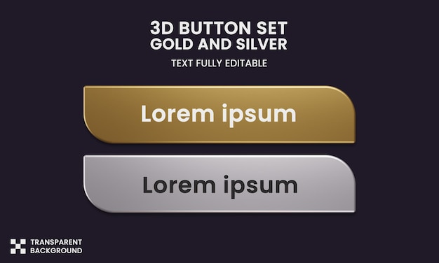 PSD button set color gold and silver style in 3d rendering