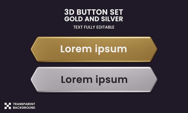 PSD button set color gold and silver style in 3d rendering