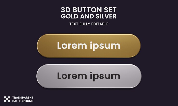 PSD button set color gold and silver style in 3d rendering