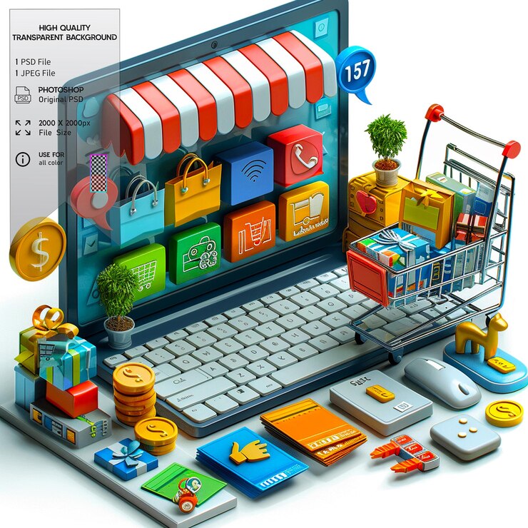 PSD buying and selling goods or services using the internet on transparent background