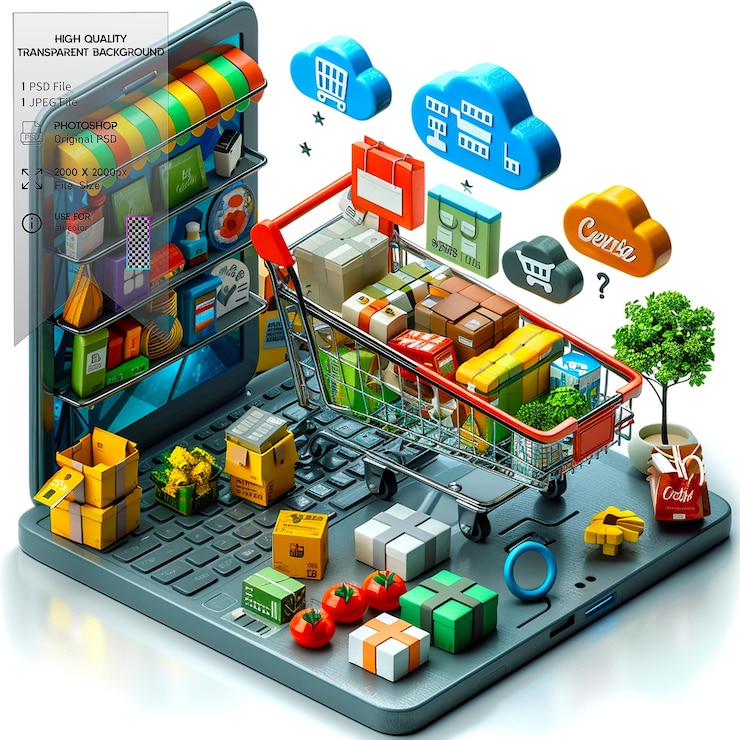 PSD buying and selling goods or services using the internet on transparent background