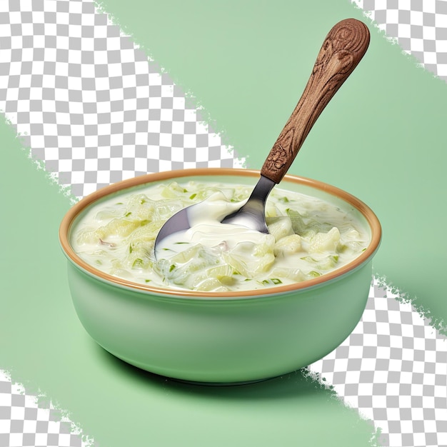 PSD Капустно-мясной суп со сметаной подается ложкой на прозрачном фоне