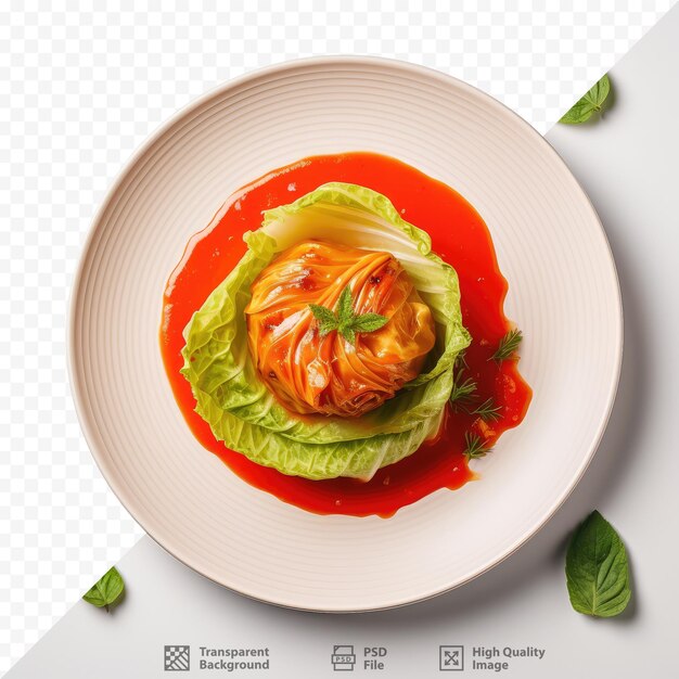 PSD cabbage cooked in tomato sauce presented on a contrasting plate