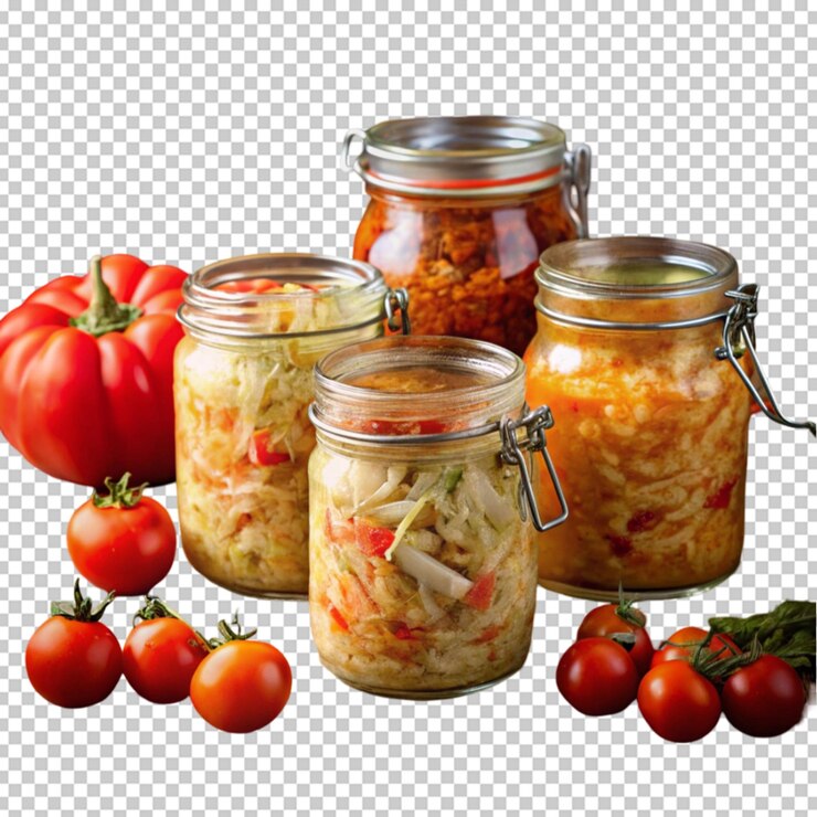 PSD капуста, кимчи, помидоры, маринованные, кислый капуста, кислые стеклянные банки на деревенском кухонном столе.
