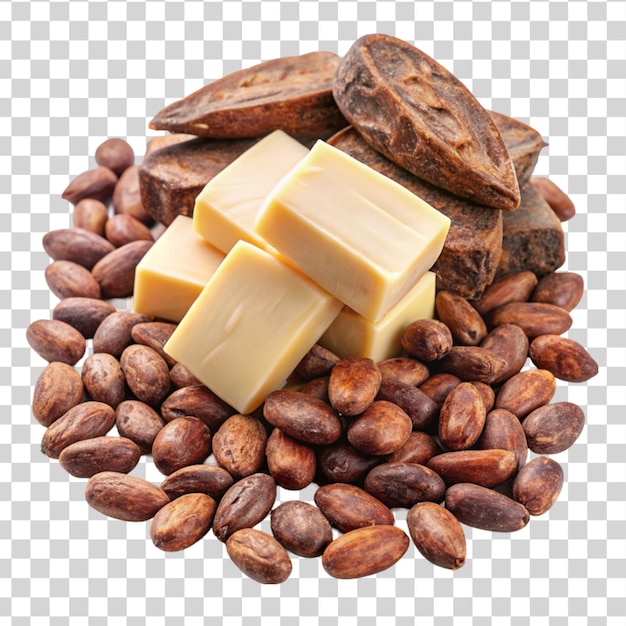 PSD cacao boter en cacao bonen geïsoleerd op doorzichtige achtergrond