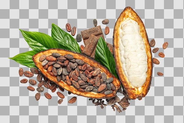 Cacao pod is split open displaying cocoa beans and white pulp alongside vibrant green leaves isolated on white PNG