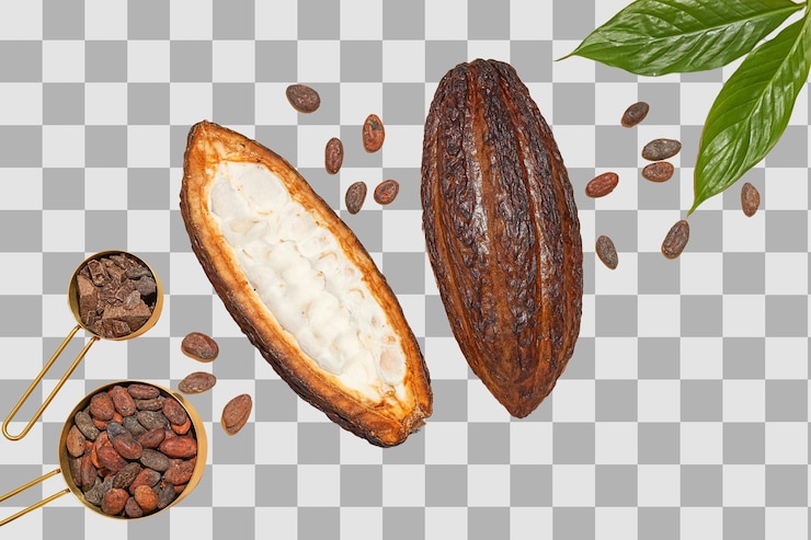 PSD cacao pod split in half reveals white seeds inside surrounded by cacao beans and fresh leaves isolated on white png