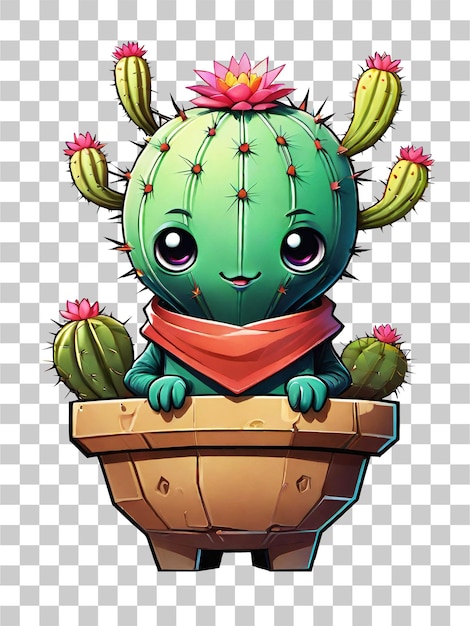 PSD personaggio dei cartoni animati del cactus con l'illustrazione dei fiori su sfondo trasparente