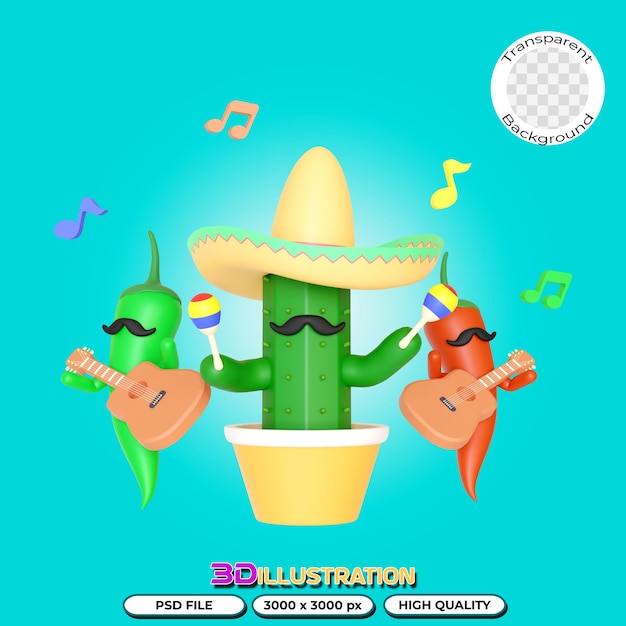 Cactus en chili peper afspelen van muziek 3d illustratie in transparante background