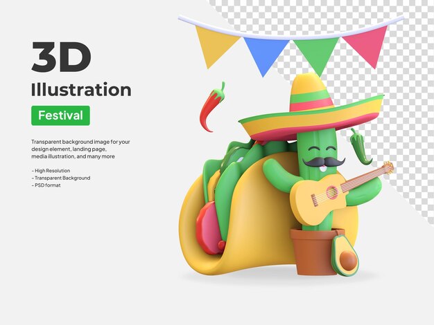 Cactus che suona la chitarra con il rendering dell'illustrazione 3d del taco