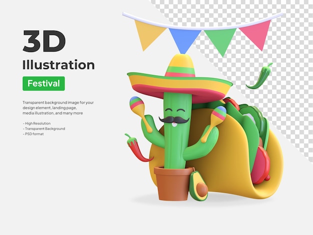 PSD cactus che gioca a maracas con taco 3d render illustration render