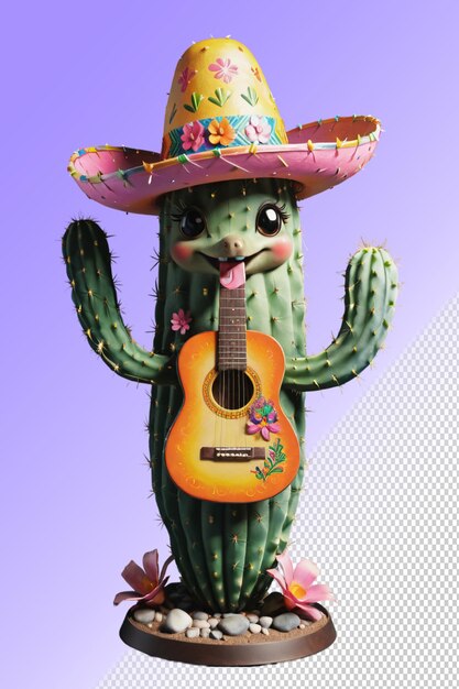 PSD a cactus with a guitar and a hat on it