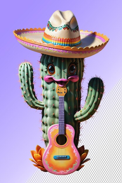 A cactus with a hat and a guitar on it