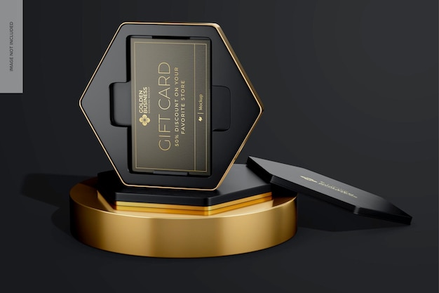 Cadeaubon met gouden doos mockup op podium