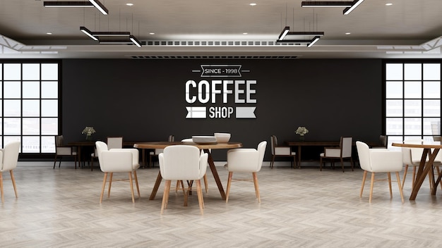 Cafe logo mockup in the restaurant room with wooden design interior wall