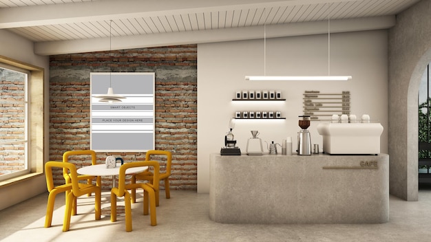 PSD cafe shop design minimalist and loft 3d render
