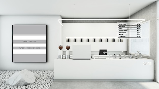 PSD cafe shop projekt restauracji nowoczesny i minimalistyczny render 3d w odcieniach bieli