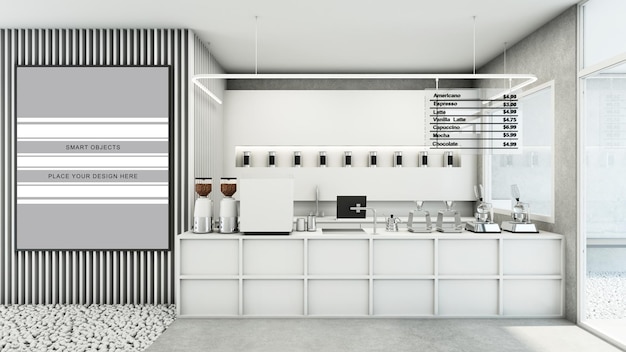 PSD cafe shop design del ristorante rendering 3d di tono bianco moderno e minimale