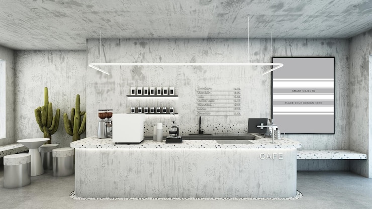 PSD cafe shop  restaurant design modern and minimal white tone 3d render