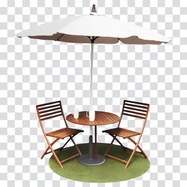 Tavolo da caffè con sedie e ombrello isolato arte generativa ai