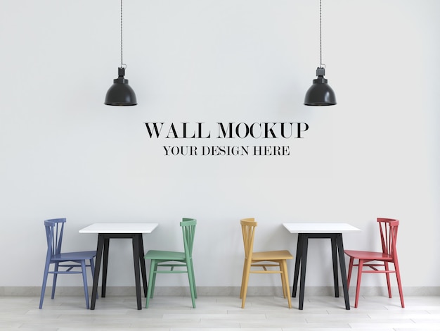 Cafe wall mockup with colorful chairs