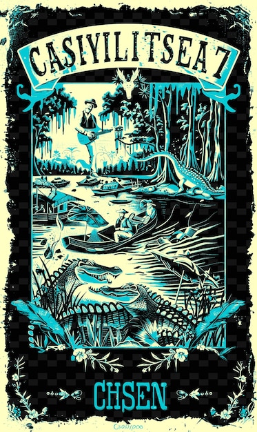 PSD band cajun che suona in un bayou della louisiana con alligatori e idea di poster musicale di illustrazione vettoriale