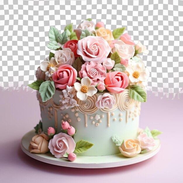 Torta adornata con decorazioni floreali e fogliose su un trasparente