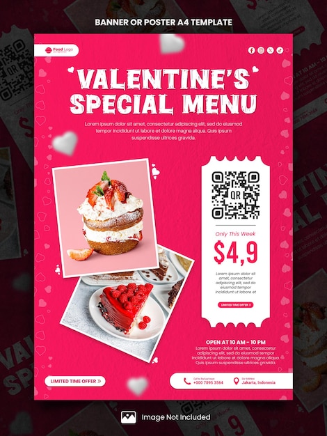 PSD menu torta speciale poster di san valentino a4 o modello banner