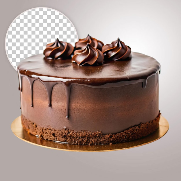 Cake poured with chocolate and decorated with different cookies on a transparent background