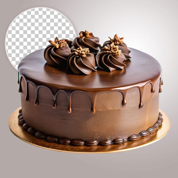 PSD cake poured with chocolate and decorated with different cookies on a transparent background