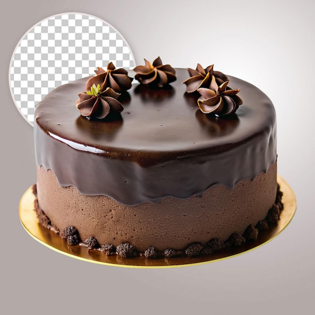 PSD cake poured with chocolate and decorated with different cookies on a transparent background