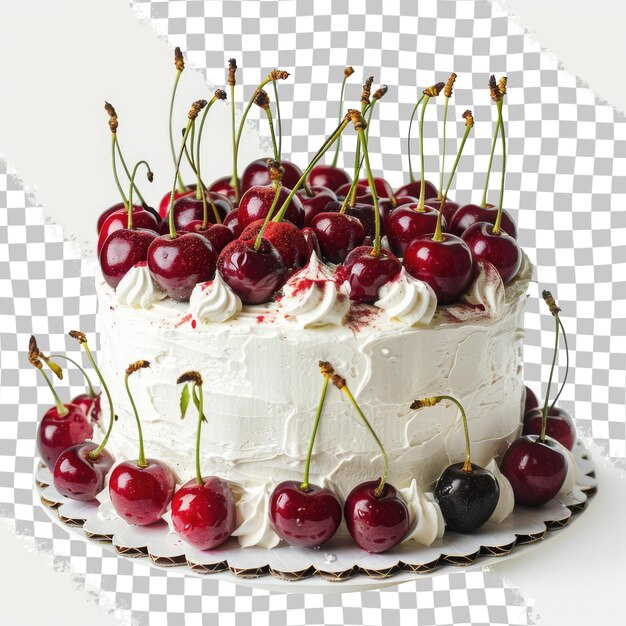 A cake with cherries on it sits on a plate