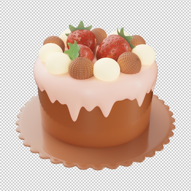 A cake with a chocolate cake with strawberries on it.