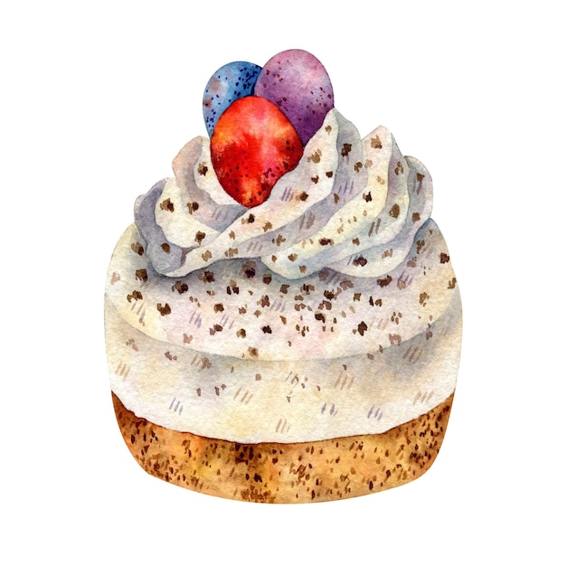 白い背景に分離された 3 イースターエッグ水彩要素で飾られたクリーム ケーキ