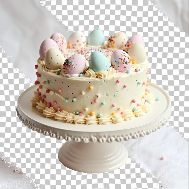 PSD una torta con le uova di pasqua su di essa e una torta su una tovaglia bianca