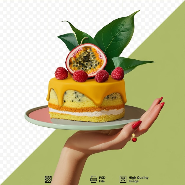 PSD cake with fresh passion fruit holds the hand of a young woman cut into slices in the center of the berry and decorated with an earring concept poster tropical fruits
