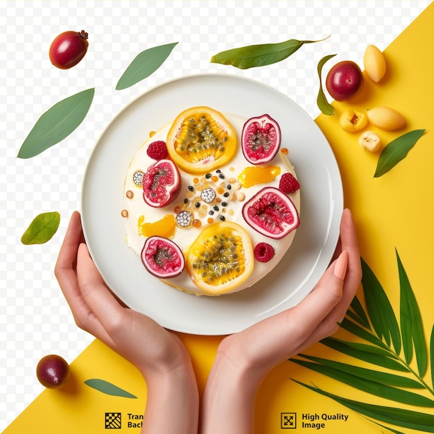 PSD cake with fresh passion fruit holds the hand of a young woman