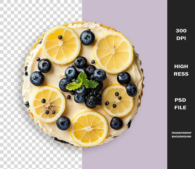 PSD a cake with lemons and blueberries on it