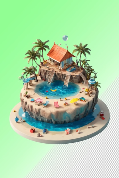 PSD a cake with palm trees on it and a house on the bottom