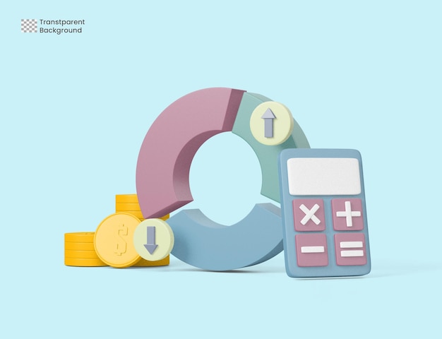 Calculator and stack coins, financial graph economics analytics 3d render