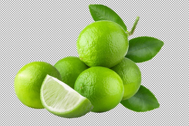 Całe i pokrojone limonki Kwaśne zielone owoce izolowane na przezroczystym tle
