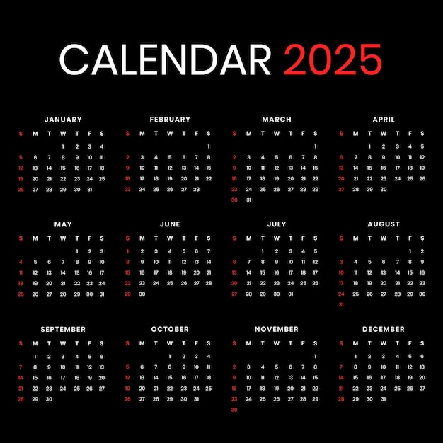 Календарь на 2025 год с черным фоном