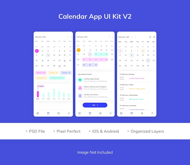 PSD kit interfaccia utente dell'app calendario v2