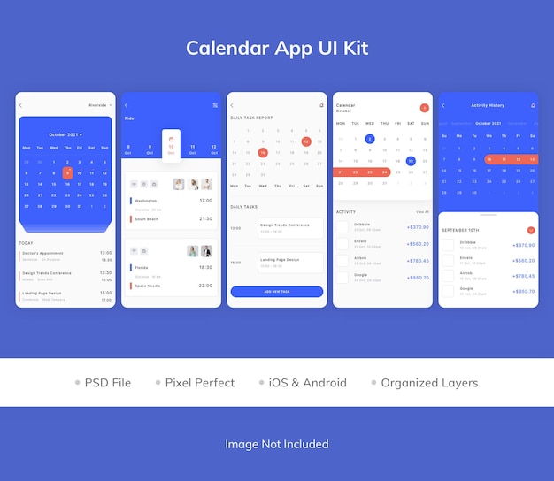 PSD calendar app ui kit