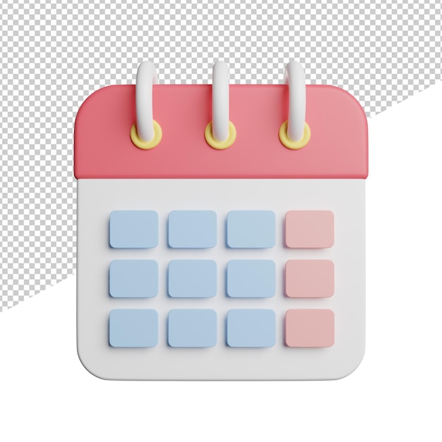 Calendar date monthly front view 3d rendering icon illustration on transparent background